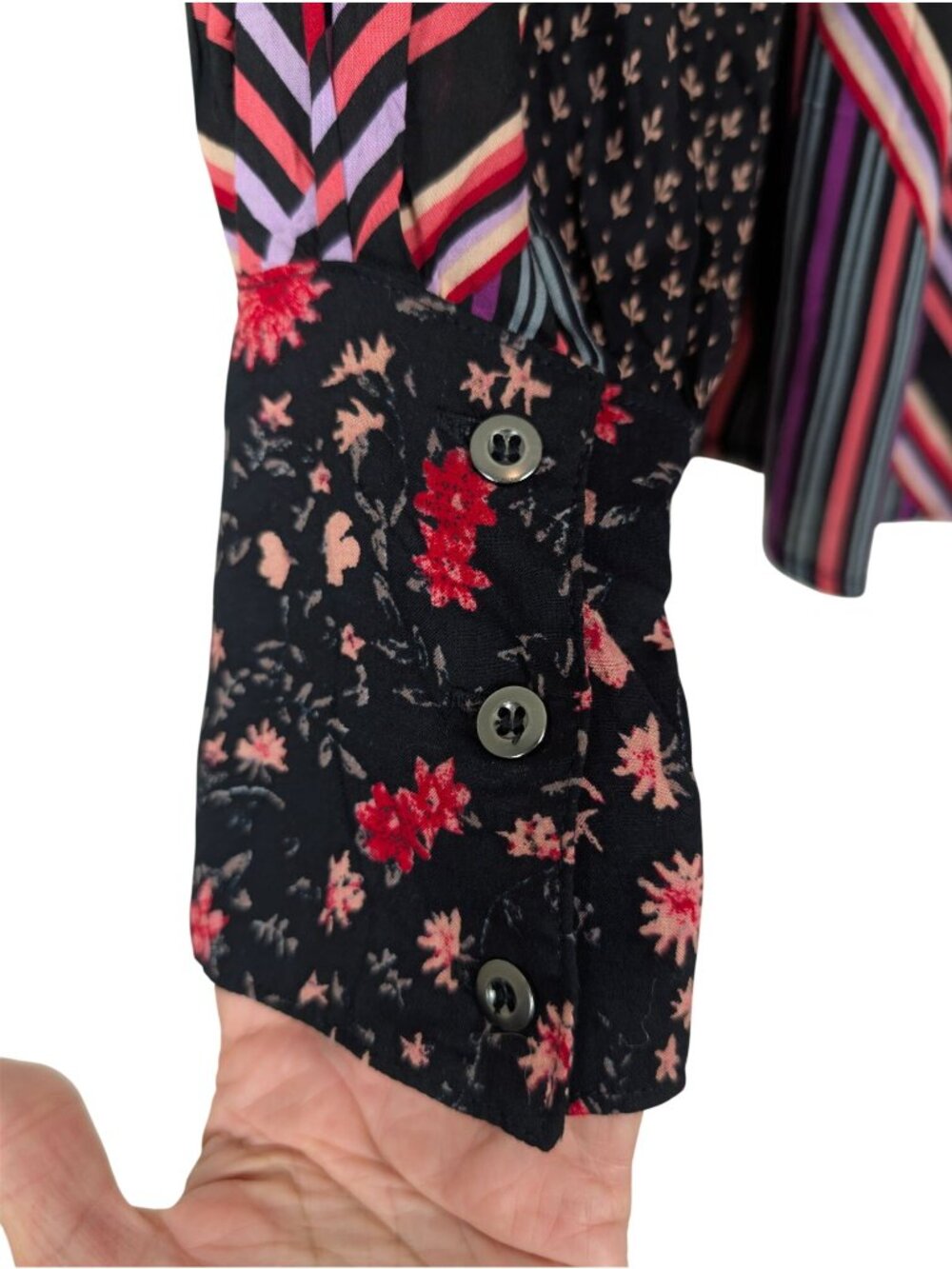 Free People Womens XS Mixed Print Button Front Blouse Boho Floral Striped Viscos - Picture 8 of 16